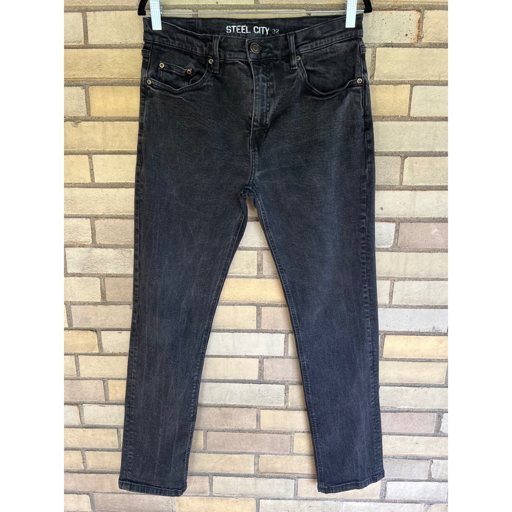 Steel City Faded Black Stretch Denim Slim Straight Jeans Mens Sz 32 Waist 32x29